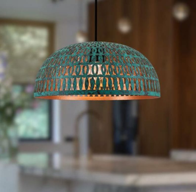 Handmade Pierced Brass Pendant Light – Green Patina Moroccan Dome Pendant Lamp for Kitchen Island, Dining Room, Entryway & Boho Home Décor