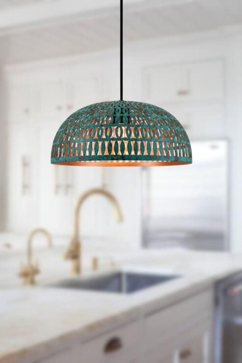Handmade Pierced Brass Pendant Light – Green Patina Moroccan Dome Pendant Lamp for Kitchen Island, Dining Room, Entryway & Boho Home Décor