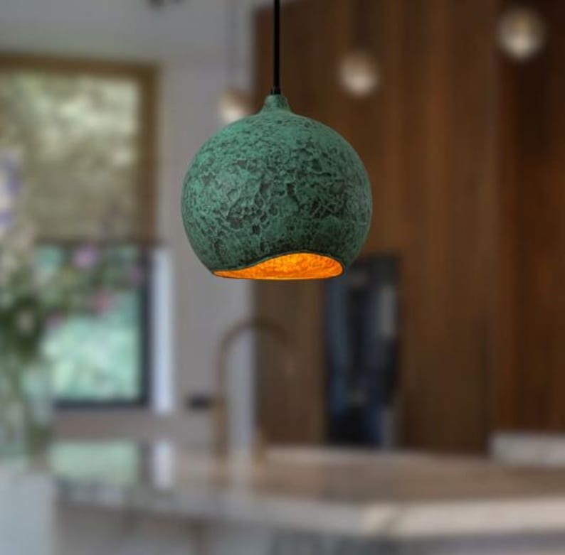 Handmade Green Patina Brass Pendant Light – Moroccan Globe Dome Hanging Lamp with Warm Gold Interior for Kitchen Island, Dining Room & Boho Home Décor