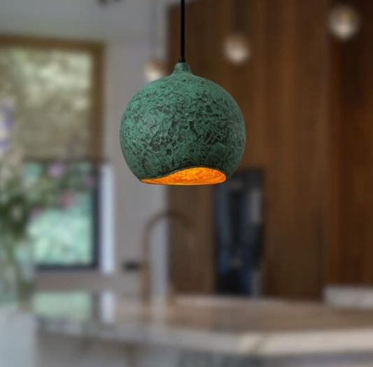 Handmade Green Patina Brass Pendant Light – Moroccan Globe Dome Hanging Lamp with Warm Gold Interior for Kitchen Island, Dining Room & Boho Home Décor