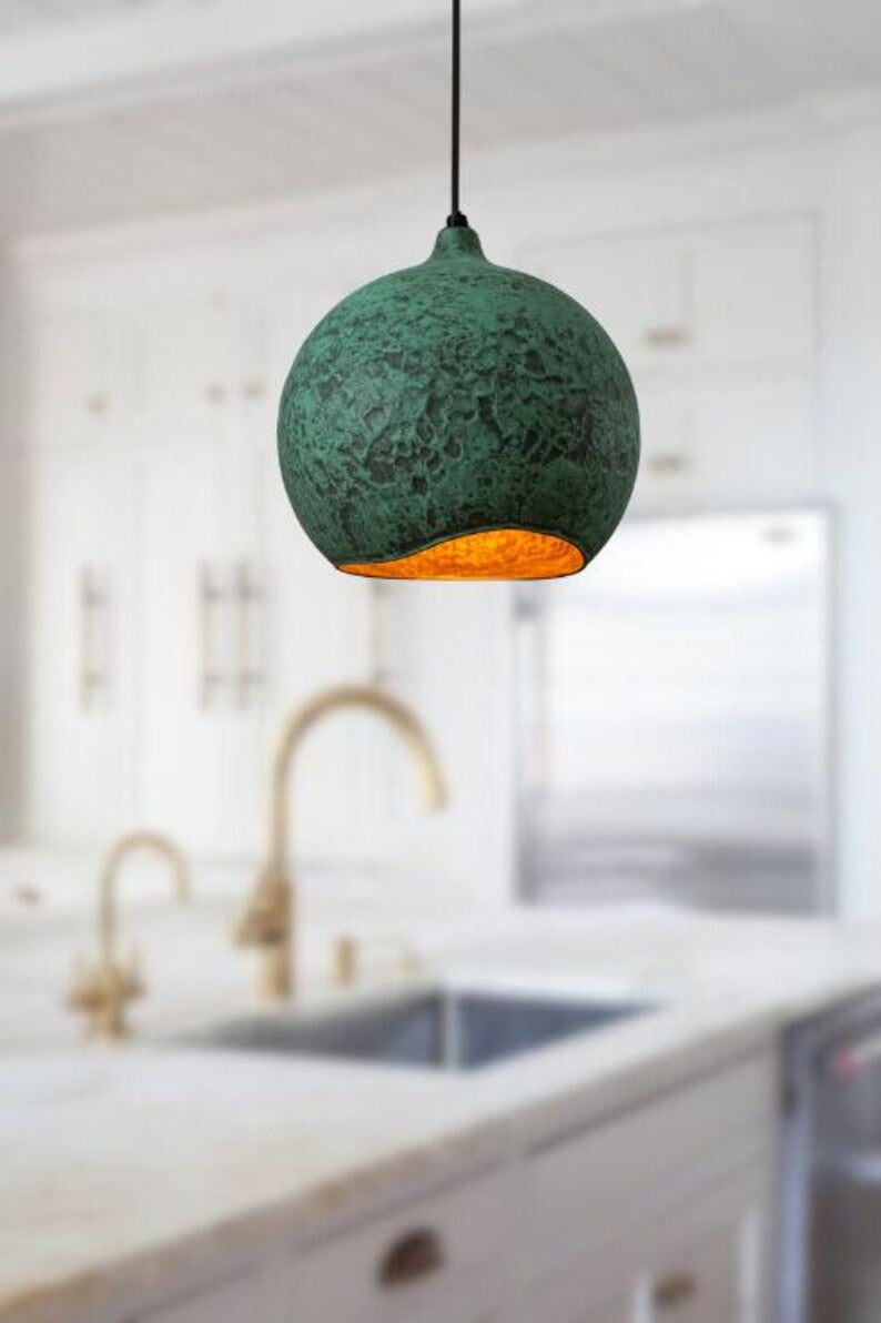 Handmade Green Patina Brass Pendant Light – Moroccan Globe Dome Hanging Lamp with Warm Gold Interior for Kitchen Island, Dining Room & Boho Home Décor