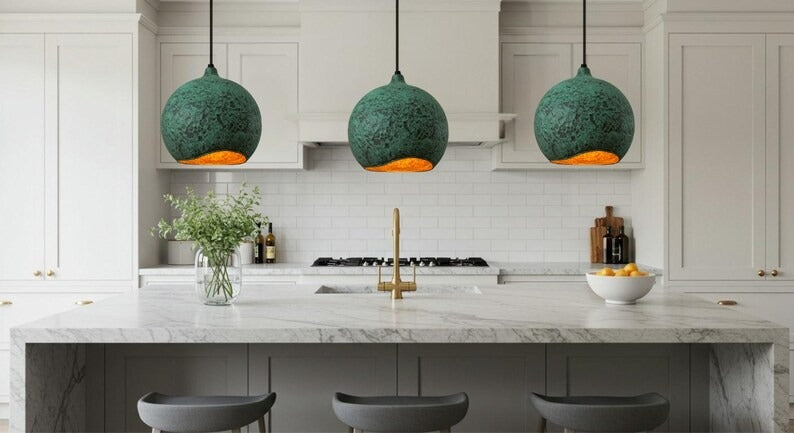 Handmade Green Patina Brass Pendant Light – Moroccan Globe Dome Hanging Lamp with Warm Gold Interior for Kitchen Island, Dining Room & Boho Home Décor