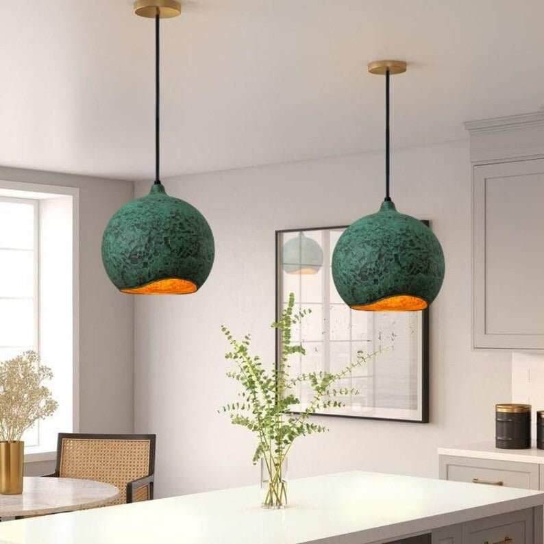 Handmade Green Patina Brass Pendant Light – Moroccan Globe Dome Hanging Lamp with Warm Gold Interior for Kitchen Island, Dining Room & Boho Home Décor