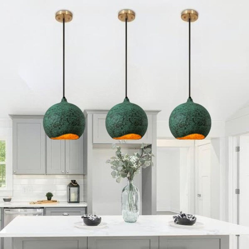 Handmade Green Patina Brass Pendant Light – Moroccan Globe Dome Hanging Lamp with Warm Gold Interior for Kitchen Island, Dining Room & Boho Home Décor