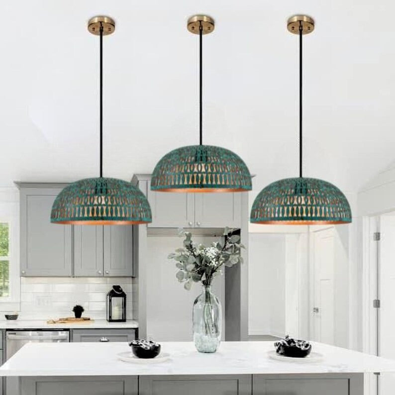 Handmade Pierced Brass Pendant Light – Green Patina Moroccan Dome Pendant Lamp for Kitchen Island, Dining Room, Entryway & Boho Home Décor