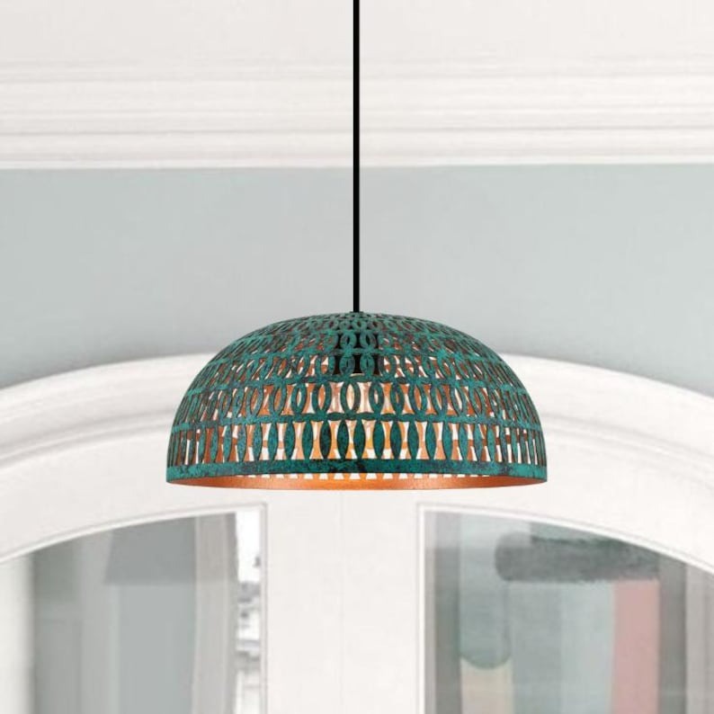Handmade Pierced Brass Pendant Light – Green Patina Moroccan Dome Pendant Lamp for Kitchen Island, Dining Room, Entryway & Boho Home Décor