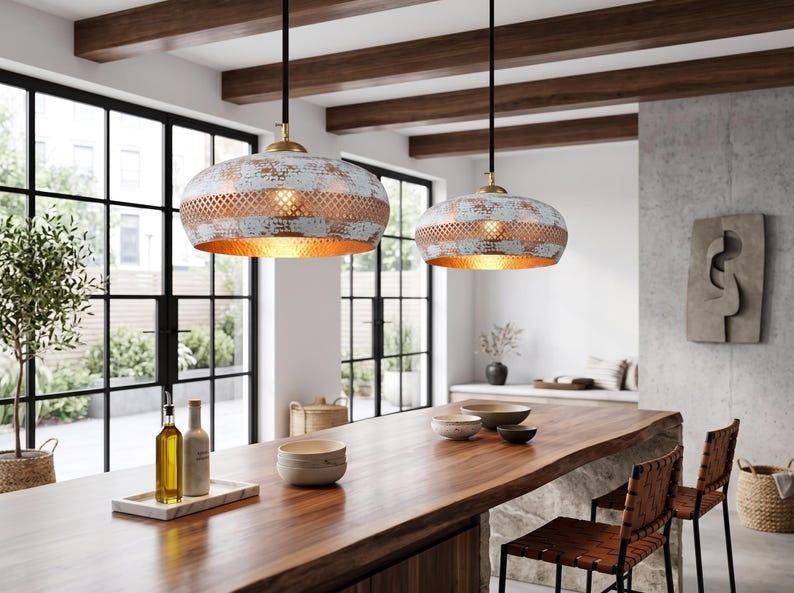 Distressed White & Copper Brass Dome Pendant Light – Moroccan Lattice Kitchen Island Chandelier
