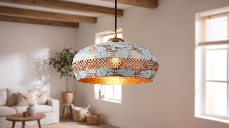 Distressed White & Copper Brass Dome Pendant Light – Moroccan Lattice Kitchen Island Chandelier