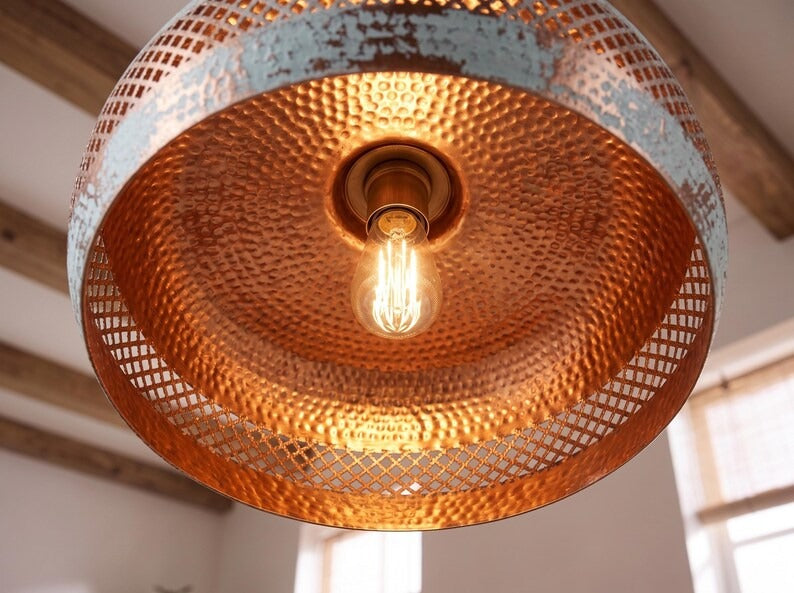 Distressed White & Copper Brass Dome Pendant Light – Moroccan Lattice Kitchen Island Chandelier