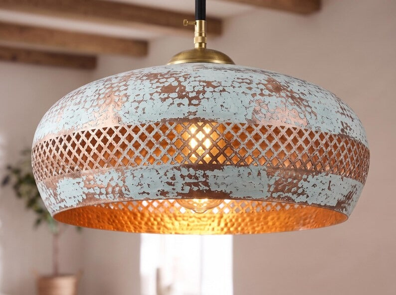 Distressed White & Copper Brass Dome Pendant Light – Moroccan Lattice Kitchen Island Chandelier