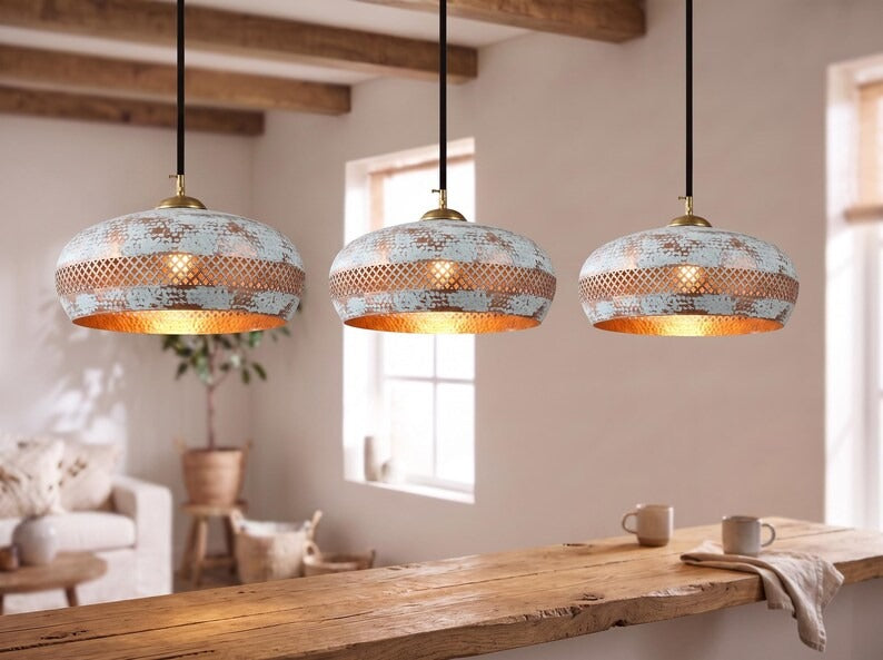 Distressed White & Copper Brass Dome Pendant Light – Moroccan Lattice Kitchen Island Chandelier