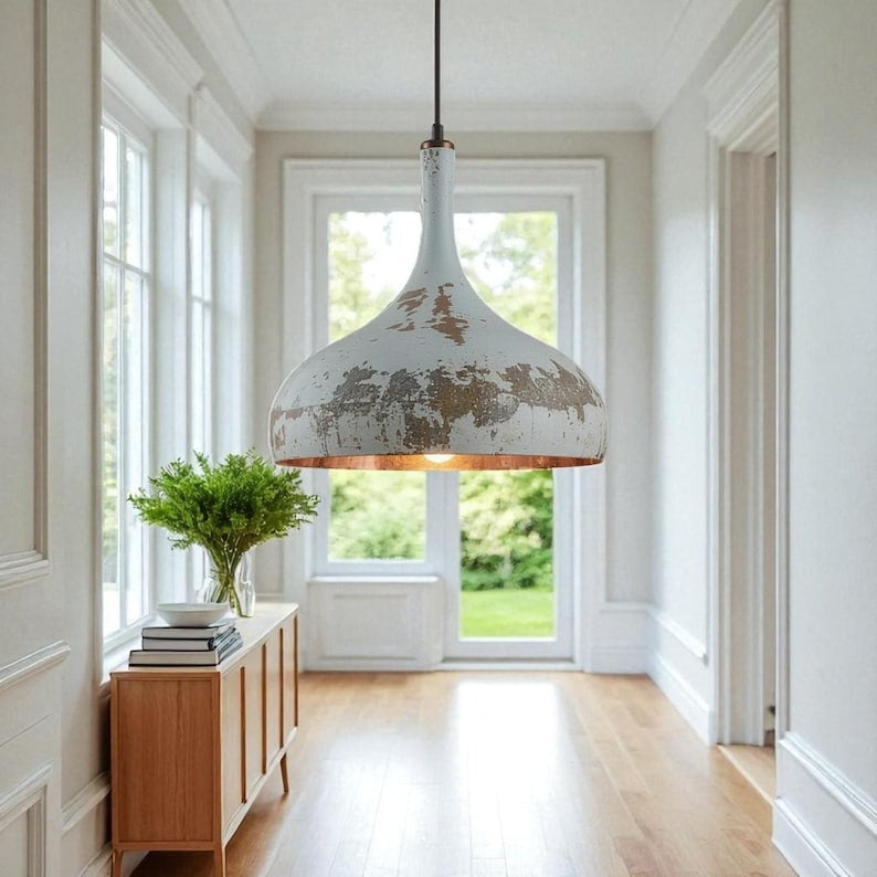 Handmade White Distressed Brass Pendant Light – Moroccan Large Dome Hanging Lamp for Kitchen Island, Dining Room, Living Room & Rustic Boho Decor