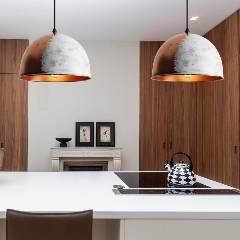 Handmade Moroccan Brass Dome Pendant Light – Distressed White and Aged Copper Hanging Lamp with Warm Copper Interior for Kitchen Island, Dining Room & Living Room