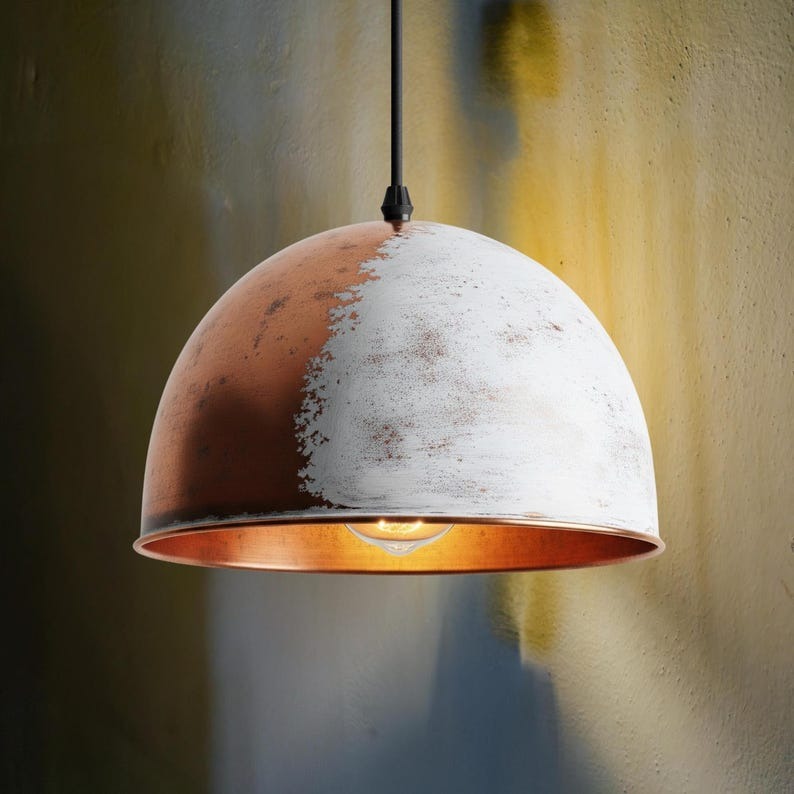 Handmade Moroccan Brass Dome Pendant Light – Distressed White and Aged Copper Hanging Lamp with Warm Copper Interior for Kitchen Island, Dining Room & Living Room