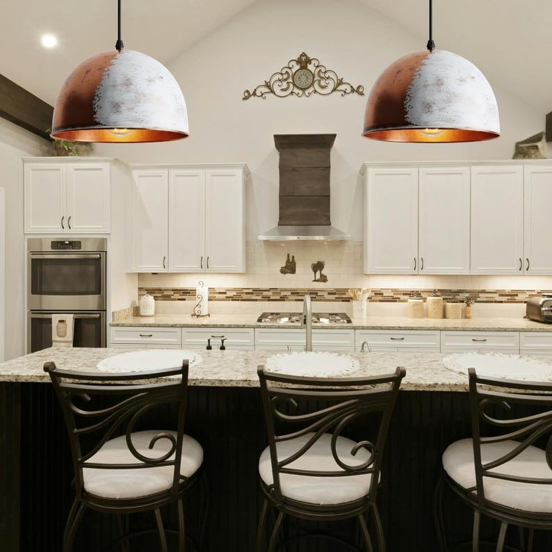 Handmade Moroccan Brass Dome Pendant Light – Distressed White and Aged Copper Hanging Lamp with Warm Copper Interior for Kitchen Island, Dining Room & Living Room
