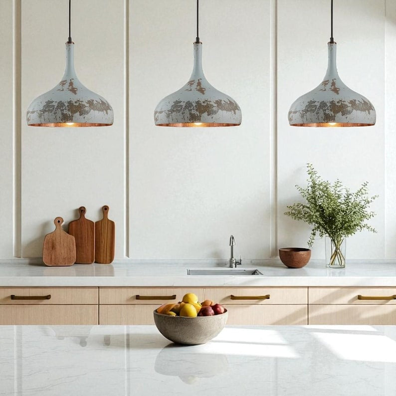 Handmade White Distressed Brass Pendant Light – Moroccan Large Dome Hanging Lamp for Kitchen Island, Dining Room, Living Room & Rustic Boho Decor
