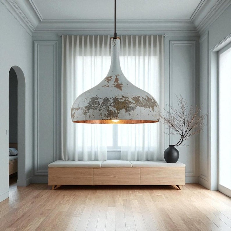 Handmade White Distressed Brass Pendant Light – Moroccan Large Dome Hanging Lamp for Kitchen Island, Dining Room, Living Room & Rustic Boho Decor