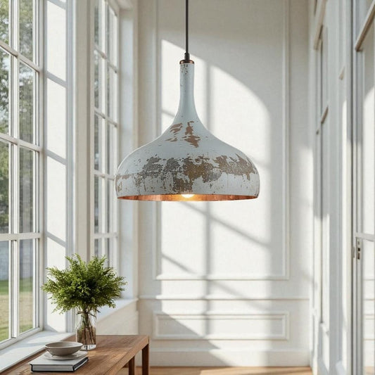 Handmade White Distressed Brass Pendant Light – Moroccan Large Dome Hanging Lamp for Kitchen Island, Dining Room, Living Room & Rustic Boho Decor