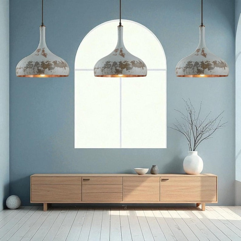 Handmade White Distressed Brass Pendant Light – Moroccan Large Dome Hanging Lamp for Kitchen Island, Dining Room, Living Room & Rustic Boho Decor