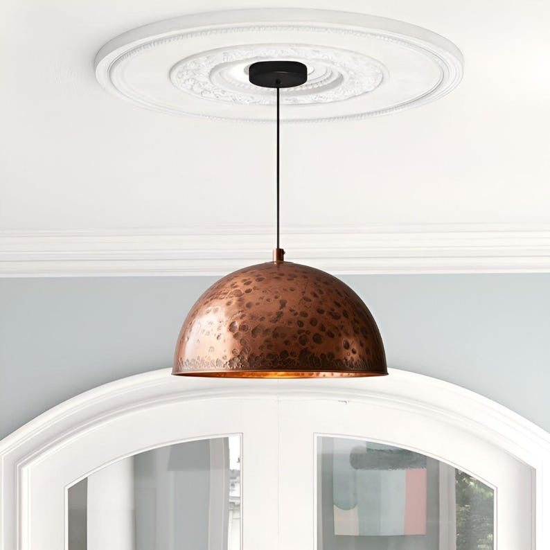 Handmade Hammered Brass Pendant Light – Moroccan Copper Dome Pendant Lamp with Distressed Patina Finish for Kitchen Island, Dining Room & Boho Home Décor