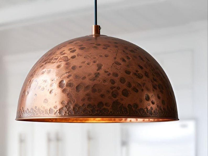 Handmade Hammered Brass Pendant Light – Moroccan Copper Dome Pendant Lamp with Distressed Patina Finish for Kitchen Island, Dining Room & Boho Home Décor