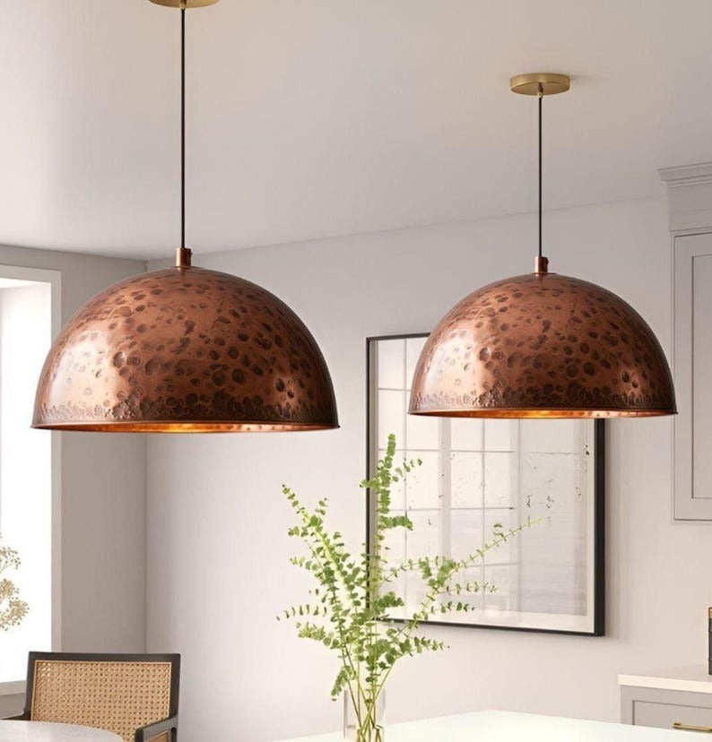Handmade Hammered Brass Pendant Light – Moroccan Copper Dome Pendant Lamp with Distressed Patina Finish for Kitchen Island, Dining Room & Boho Home Décor