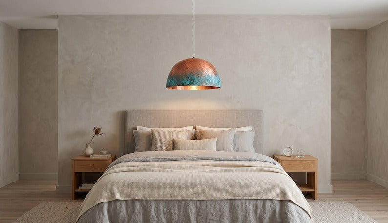 Handmade Verdigris Brass Pendant Light – Hammered Copper Dome Ceiling Lamp with Turquoise Patina for Kitchen Island, Dining Room, Bedroom and Entryway