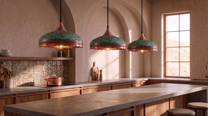 Handmade Moroccan Brass Pendant Light – Hammered Dome Ceiling Lamp with Verdigris Green Patina, Antique Copper Band & Scalloped Edge