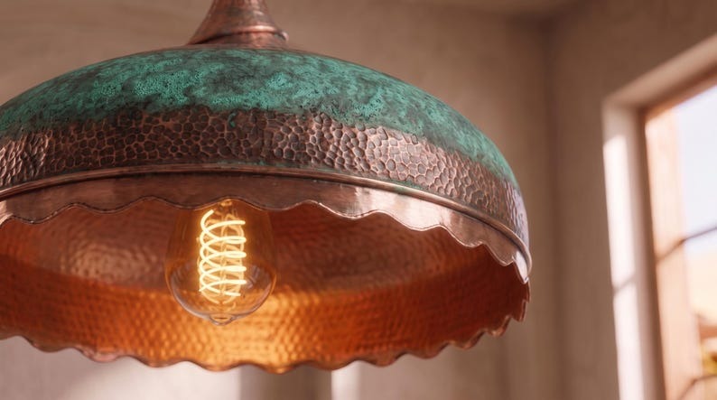 Handmade Moroccan Brass Pendant Light – Hammered Dome Ceiling Lamp with Verdigris Green Patina, Antique Copper Band & Scalloped Edge