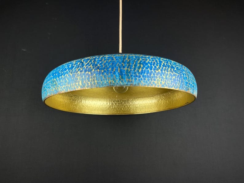 Handmade Moroccan Brass Pendant Light – Blue Patina Hammered Dome Ceiling Lamp with Gold Interior and Modern Low-Profile Design