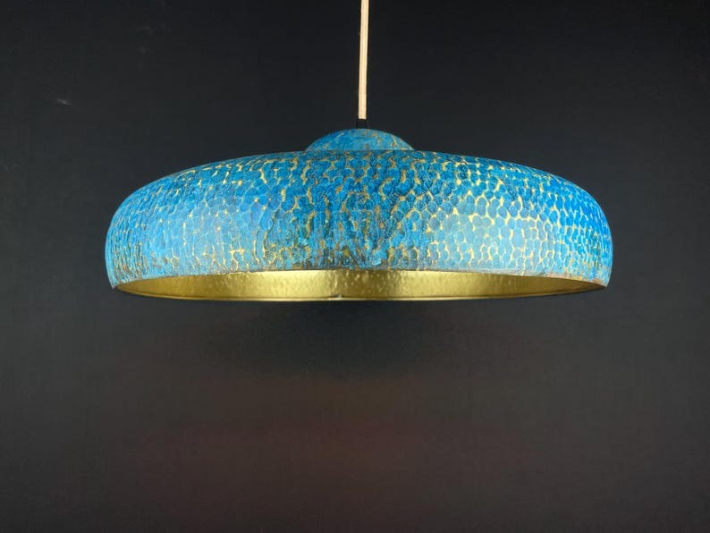 Handmade Moroccan Brass Pendant Light – Blue Patina Hammered Dome Ceiling Lamp with Gold Interior and Modern Low-Profile Design