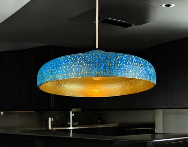 Handmade Moroccan Brass Pendant Light – Blue Patina Hammered Dome Ceiling Lamp with Gold Interior and Modern Low-Profile Design