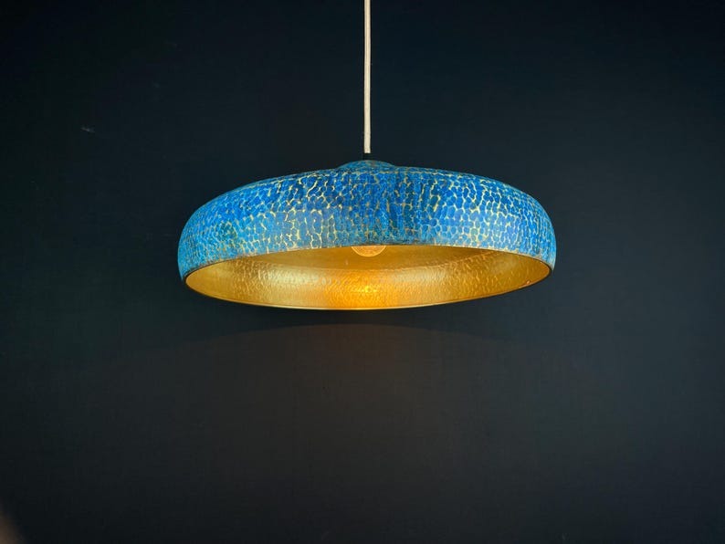 Handmade Moroccan Brass Pendant Light – Blue Patina Hammered Dome Ceiling Lamp with Gold Interior and Modern Low-Profile Design