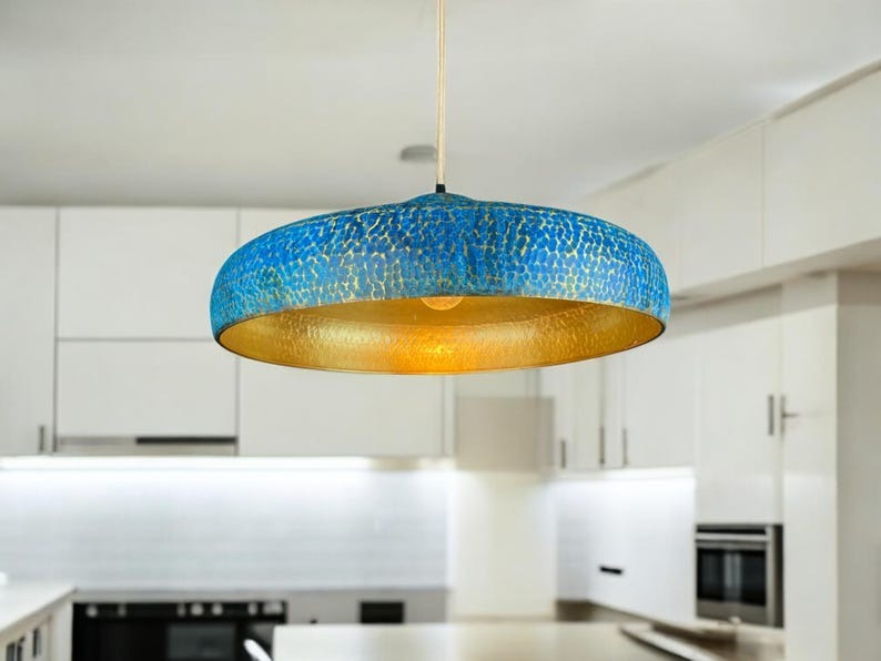 Handmade Moroccan Brass Pendant Light – Blue Patina Hammered Dome Ceiling Lamp with Gold Interior and Modern Low-Profile Design