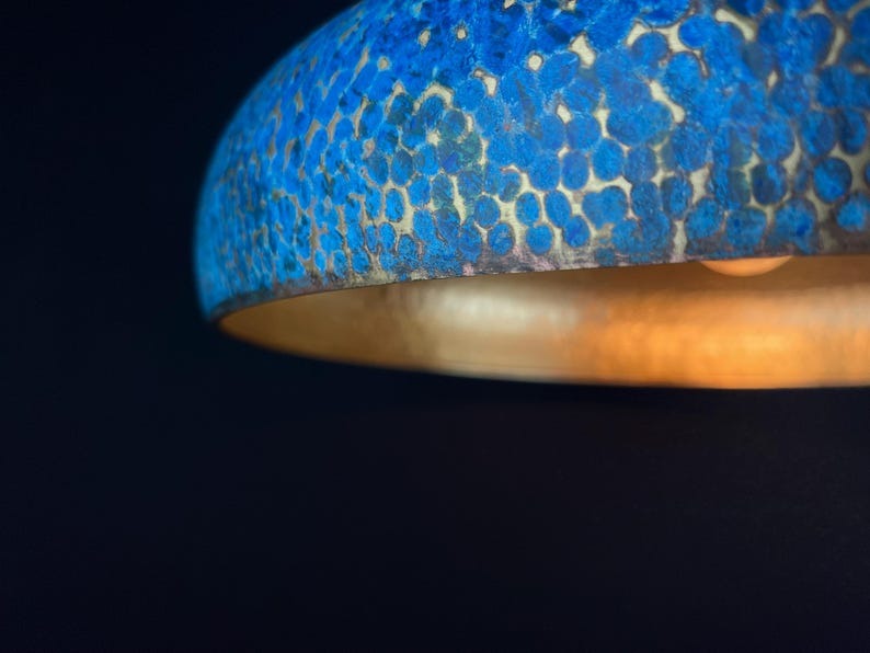 Handmade Moroccan Brass Pendant Light – Blue Patina Hammered Dome Ceiling Lamp with Gold Interior and Modern Low-Profile Design