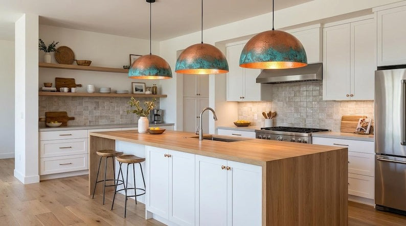 Handmade Verdigris Brass Pendant Light – Hammered Copper Dome Ceiling Lamp with Turquoise Patina for Kitchen Island, Dining Room, Bedroom and Entryway