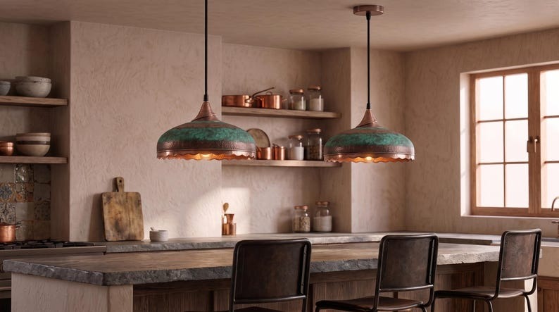 Handmade Moroccan Brass Pendant Light – Hammered Dome Ceiling Lamp with Verdigris Green Patina, Antique Copper Band & Scalloped Edge