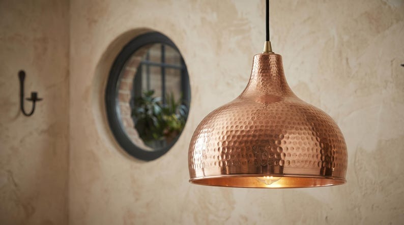 Set of 3 Handmade Moroccan Brass Pendant Lights – Hammered Copper Dome Ceiling Lamps, Kitchen Island & Dining Room Lighting