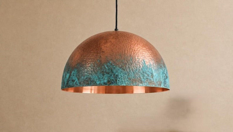 Handmade Verdigris Brass Pendant Light – Hammered Copper Dome Ceiling Lamp with Turquoise Patina for Kitchen Island, Dining Room, Bedroom and Entryway