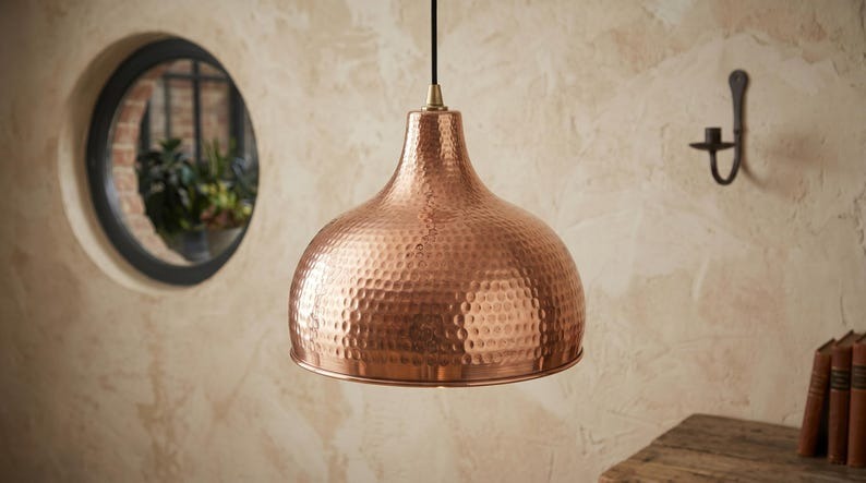 Set of 3 Handmade Moroccan Brass Pendant Lights – Hammered Copper Dome Ceiling Lamps, Kitchen Island & Dining Room Lighting