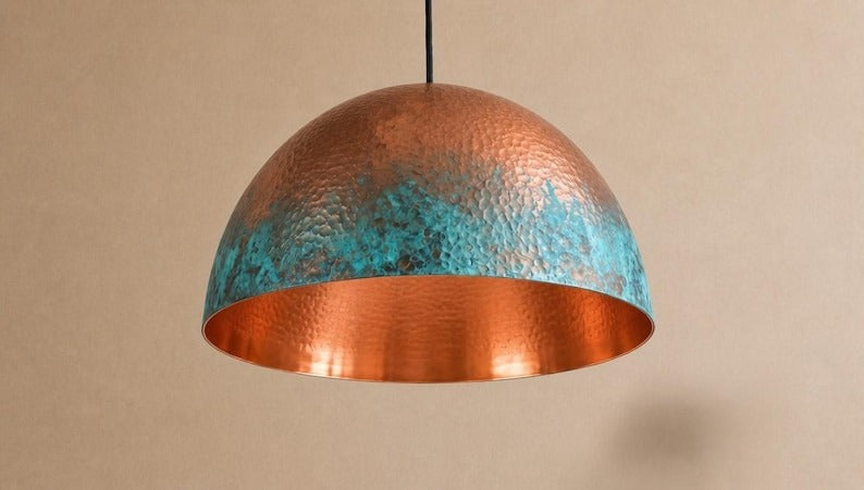 Handmade Verdigris Brass Pendant Light – Hammered Copper Dome Ceiling Lamp with Turquoise Patina for Kitchen Island, Dining Room, Bedroom and Entryway