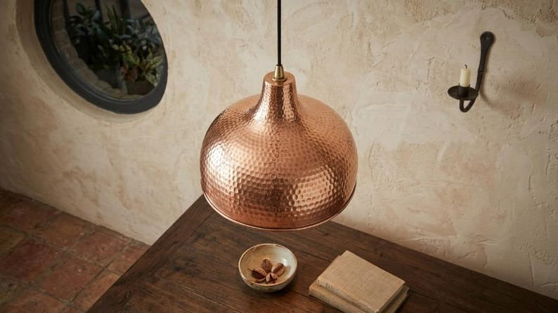 Handmade Moroccan Brass Pendant Light – Hammered Copper Dome Ceiling Lamp, Rustic Kitchen Island & Dining Room Lighting