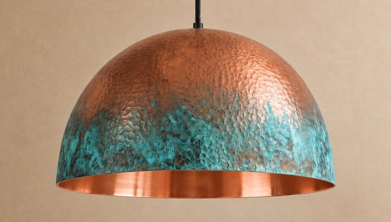Handmade Verdigris Brass Pendant Light – Hammered Copper Dome Ceiling Lamp with Turquoise Patina for Kitchen Island, Dining Room, Bedroom and Entryway