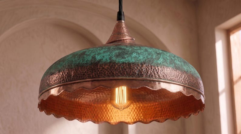 Handmade Moroccan Brass Pendant Light – Hammered Dome Ceiling Lamp with Verdigris Green Patina, Antique Copper Band & Scalloped Edge