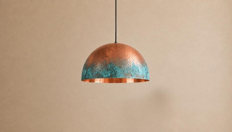 Handmade Verdigris Brass Pendant Light – Hammered Copper Dome Ceiling Lamp with Turquoise Patina for Kitchen Island, Dining Room, Bedroom and Entryway