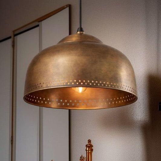 Handmade Moroccan Brass Pendant Light – Antique Brass Dome Ceiling Lamp with Pierced Detail, Vintage Moroccan Hanging Light for Kitchen Island & Dining Room