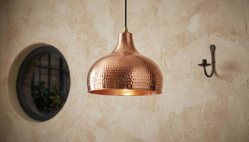Set of 3 Handmade Moroccan Brass Pendant Lights – Hammered Copper Dome Ceiling Lamps, Kitchen Island & Dining Room Lighting