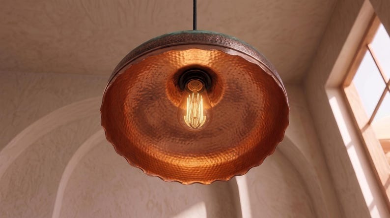 Handmade Moroccan Brass Pendant Light – Hammered Dome Ceiling Lamp with Verdigris Green Patina, Antique Copper Band & Scalloped Edge