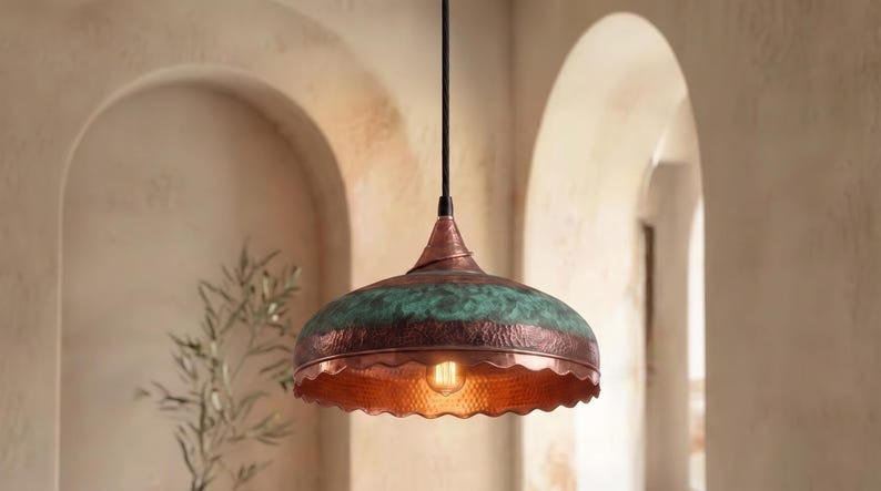 Handmade Moroccan Brass Pendant Light – Hammered Dome Ceiling Lamp with Verdigris Green Patina, Antique Copper Band & Scalloped Edge
