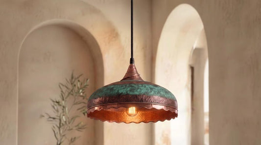 Handmade Moroccan Brass Pendant Light – Hammered Dome Ceiling Lamp with Verdigris Green Patina, Antique Copper Band & Scalloped Edge
